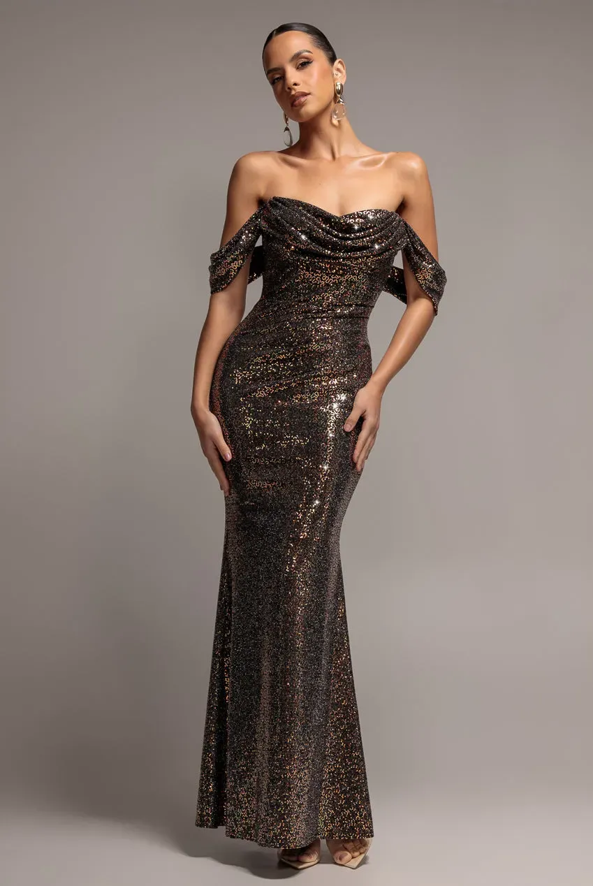 Goddiva Sequin Lurex abito maxi oro multi spalle scoperte