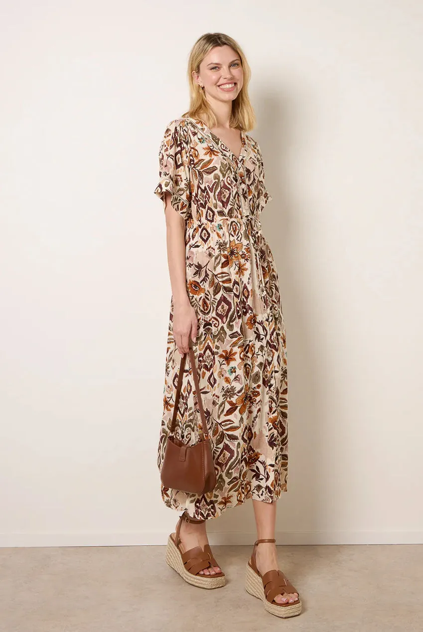 Blue Vanilla Drawstring Waist Abito Midi Marrone Stampa Manica Corta