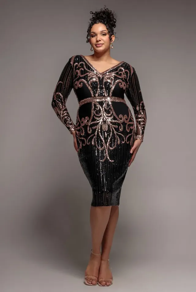 Goddiva Plus Sequin Mesh abito midi nero paillettes scollo V