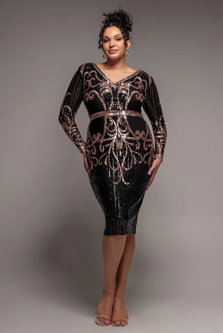 Goddiva Plus Sequin Mesh abito midi nero paillettes scollo V