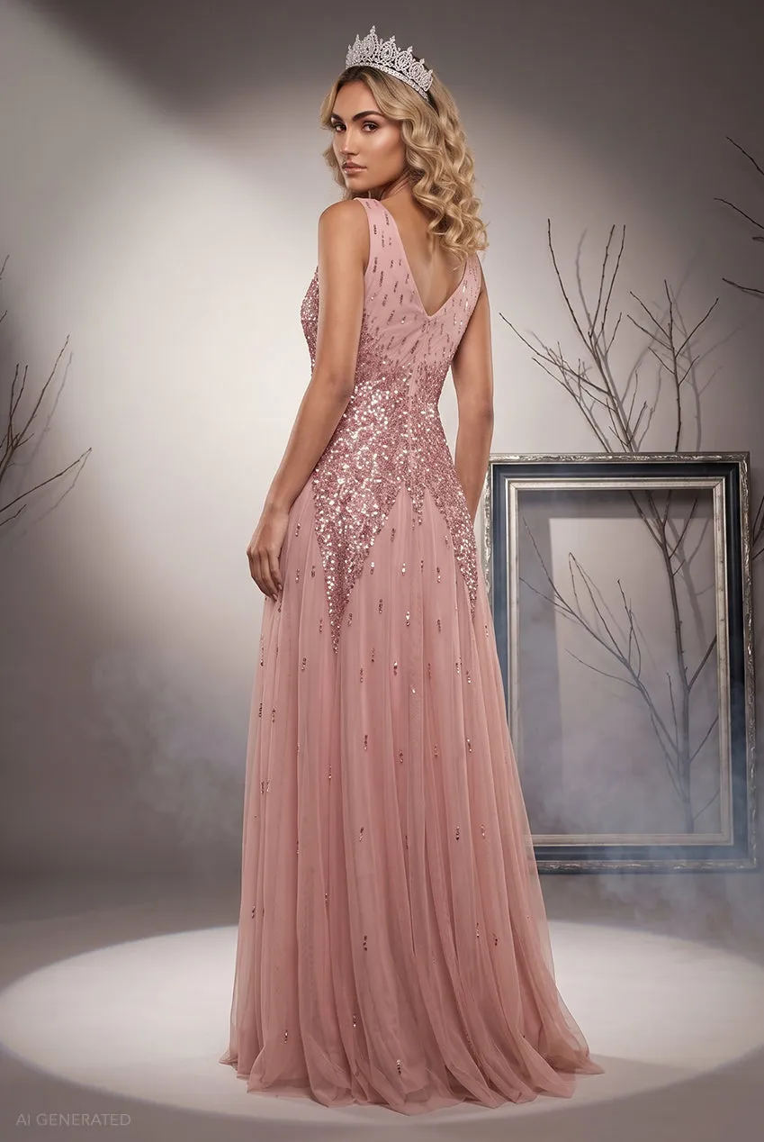 Goddiva Glinda abito maxi paillettes rosa blush