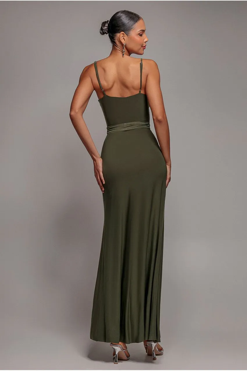 Goddiva Wrap Front Maxi Slip abito maxi oliva incrociato