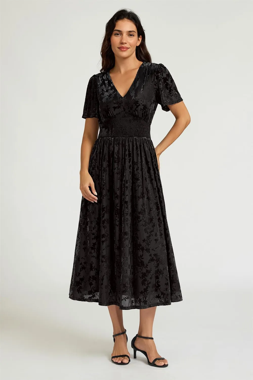 FS Collection Velvet Burnout abito nero midi scollo V