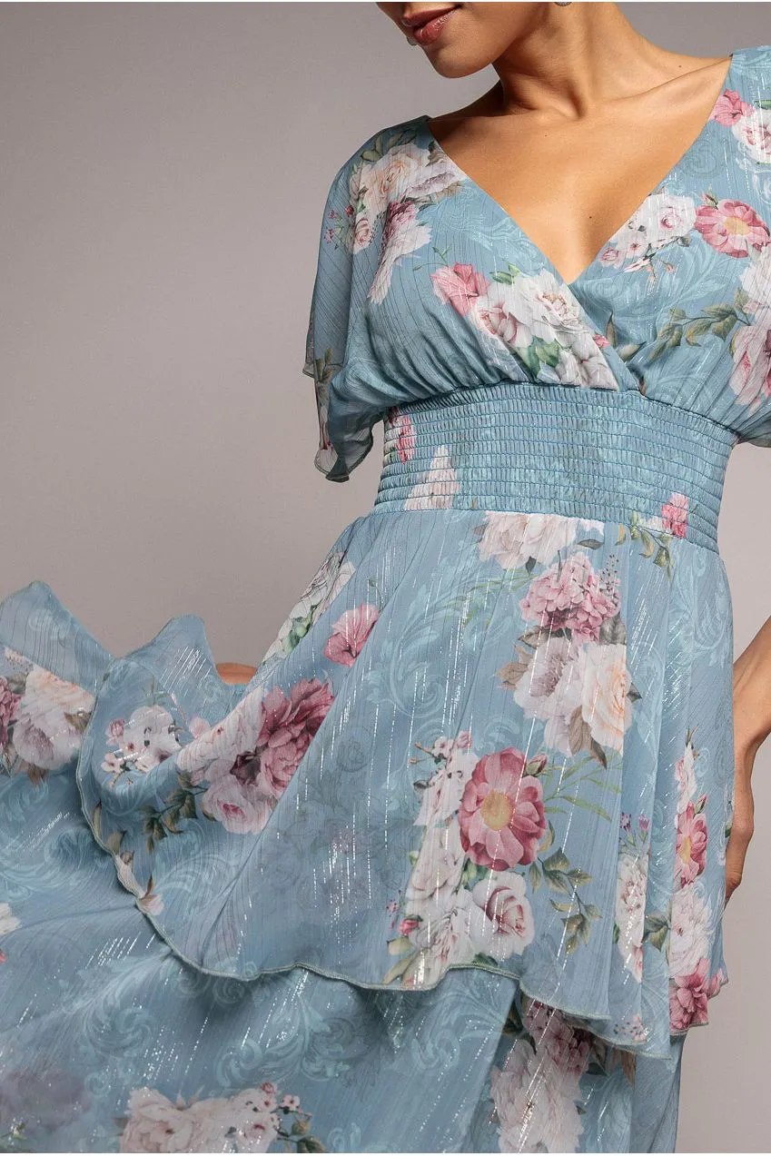 Goddiva Layered Floral Midi Abito Chiffon Blu Aviazione