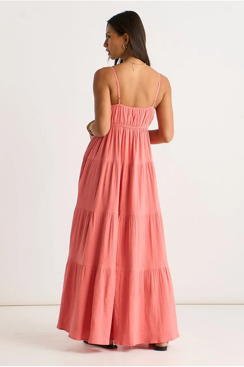 Goddiva Gini London abito maxi corallo garza balze