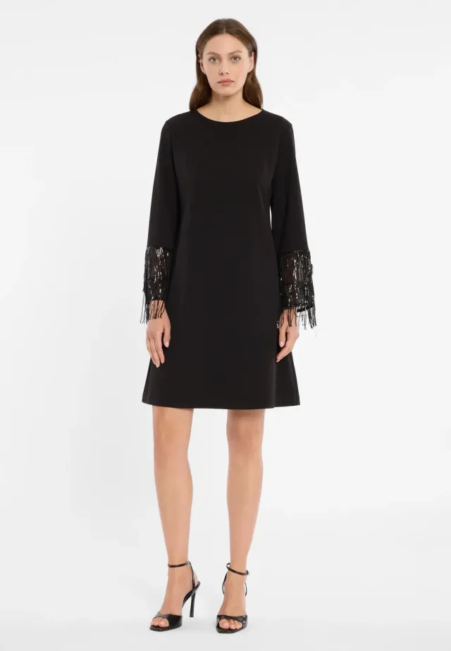 Ana Alcazar Cebina abito paillettes nero frange