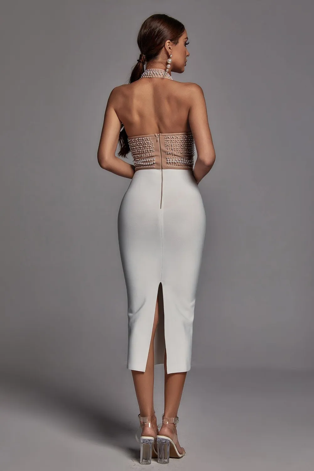 Bella Barnett Cornelia Abito Midi Halter Beige Perle Bandage