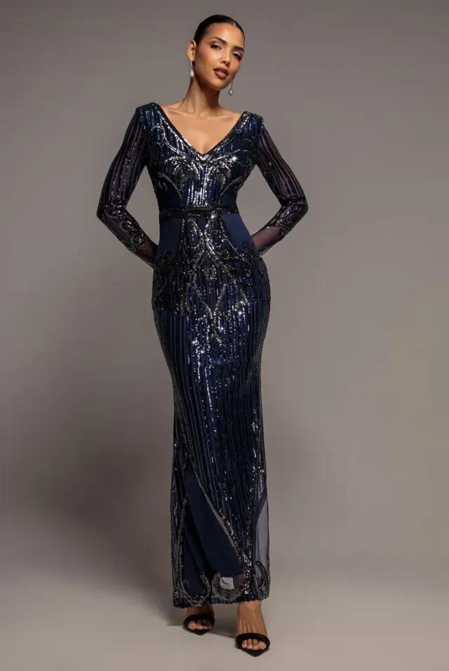 Goddiva Sequin Mesh abito lungo paillettes blu navy
