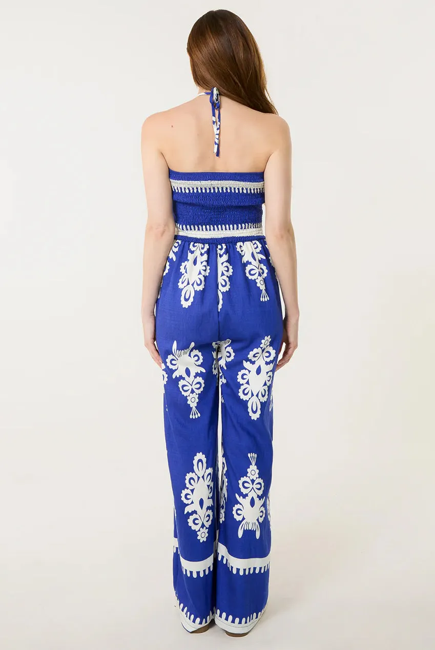 Blue Vanilla tuta jumpsuit blu halter gamba larga S/M
