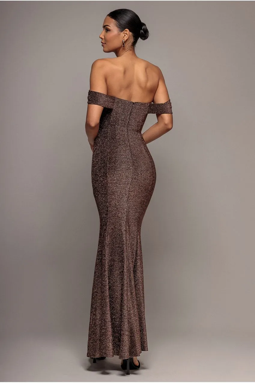 Goddiva Lurex Cowl vestito lungo bronzo spalle scoperte