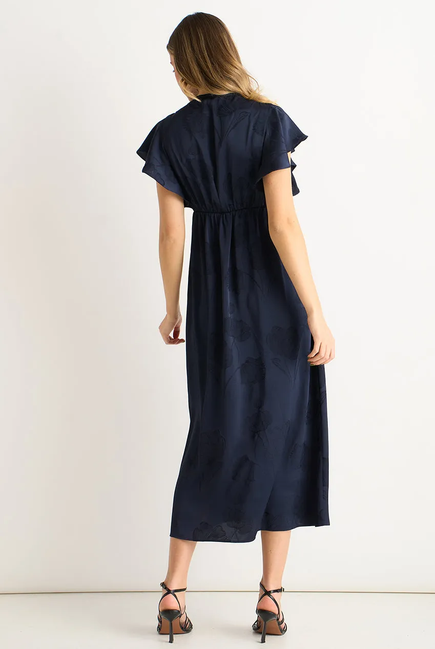 Gini London abito midi raso jacquard blu navy pizzo