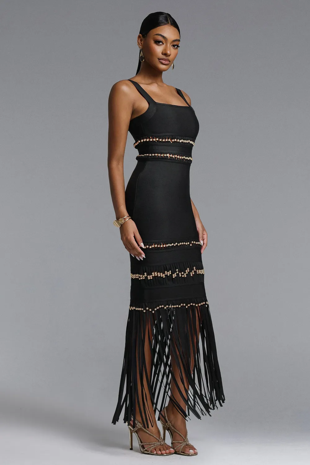 Goddiva Bella Barnett Shanley abito lungo nero L con frange