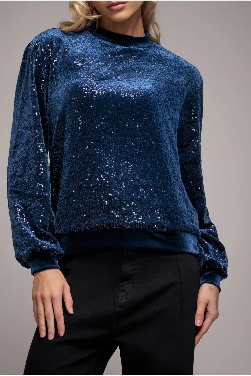 Goddiva Sequin Velvet maglione paillettes velluto navy