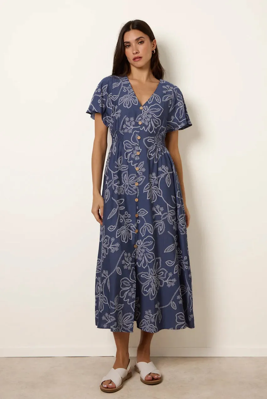 Blue Vanilla abito midi denim blu maniche volant