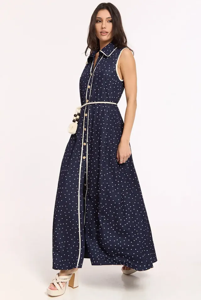 Liquorish Navy abito maxi blu a pois in tencel