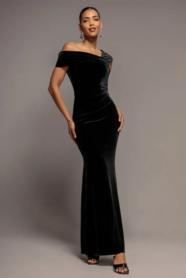 Goddiva One Shoulder abito maxi nero velluto