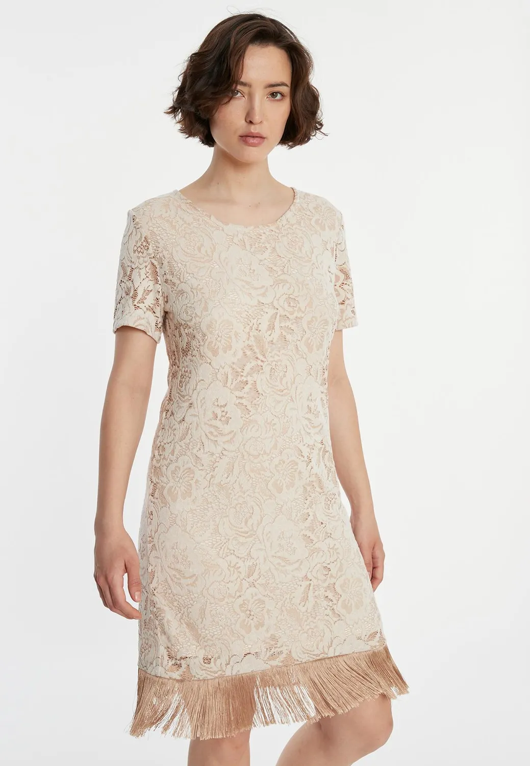Ana Alcazar Zakary abito pizzo beige con frange