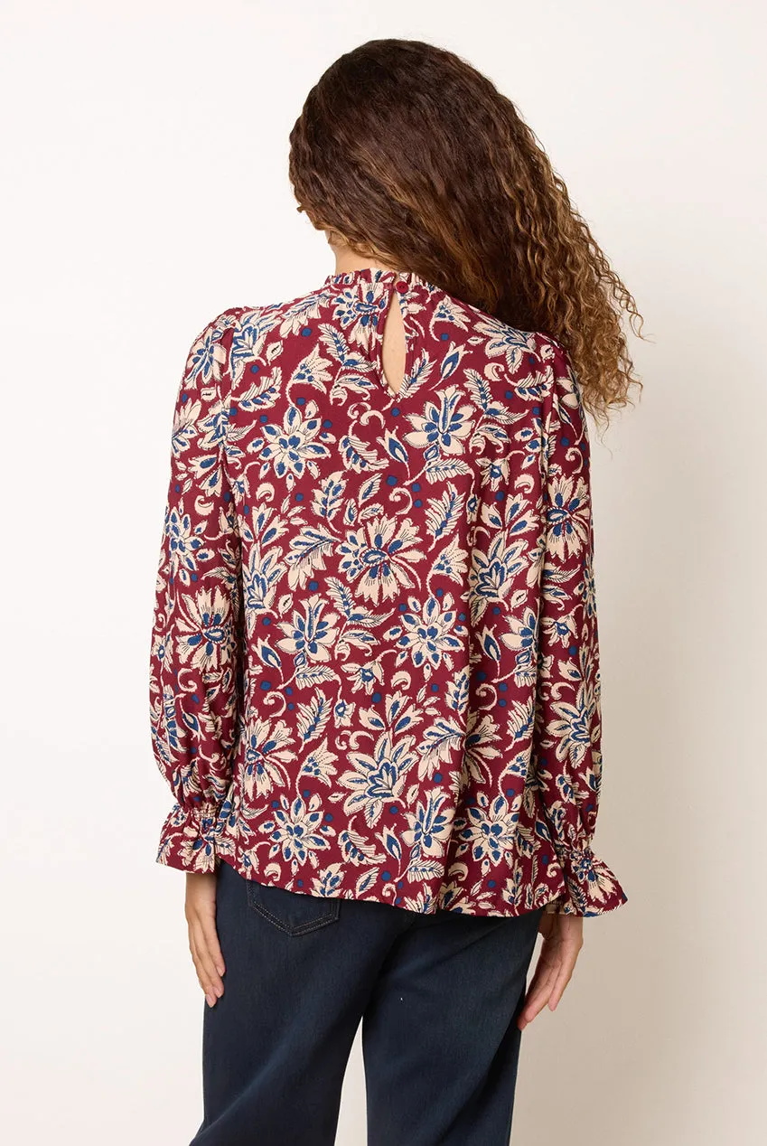 Blue Vanilla Smock top bordeaux S/M floreale manica lunga