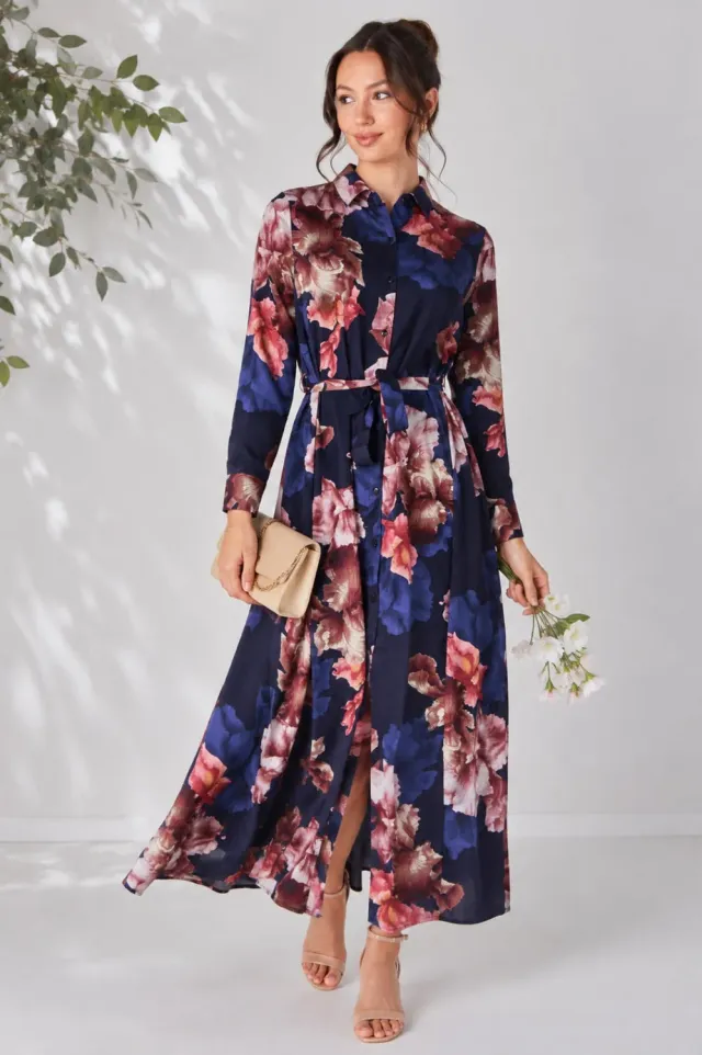 Love Sunshine Navy Iris abito camicia maxi blu navy floreale