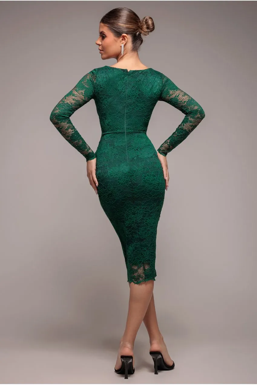 Goddiva Abito Midi Pizzo Corsetto Verde Smeraldo Maniche Lunghe