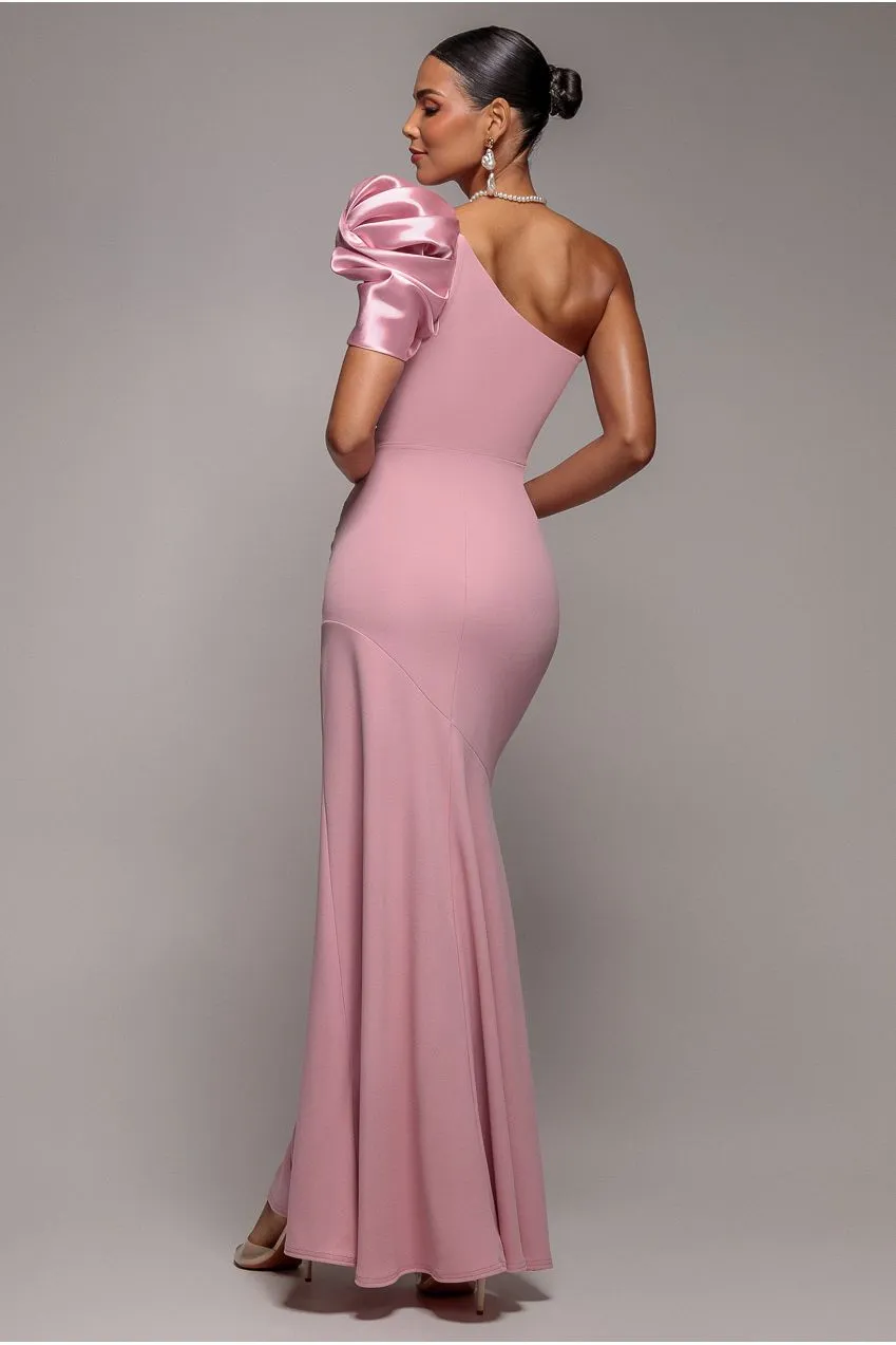 Goddiva One Shoulder abito maxi raso rosa blush sirena
