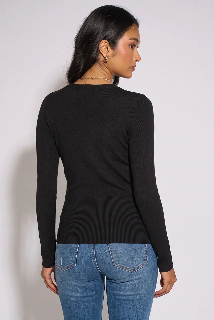 Gini London Wrap Front Gold Button Top Nero Maniche Lunghe