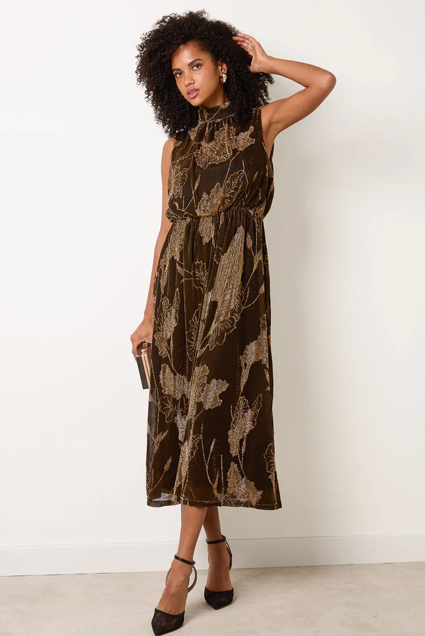 Blue Vanilla Jacquard abito midi bronzo collo alto