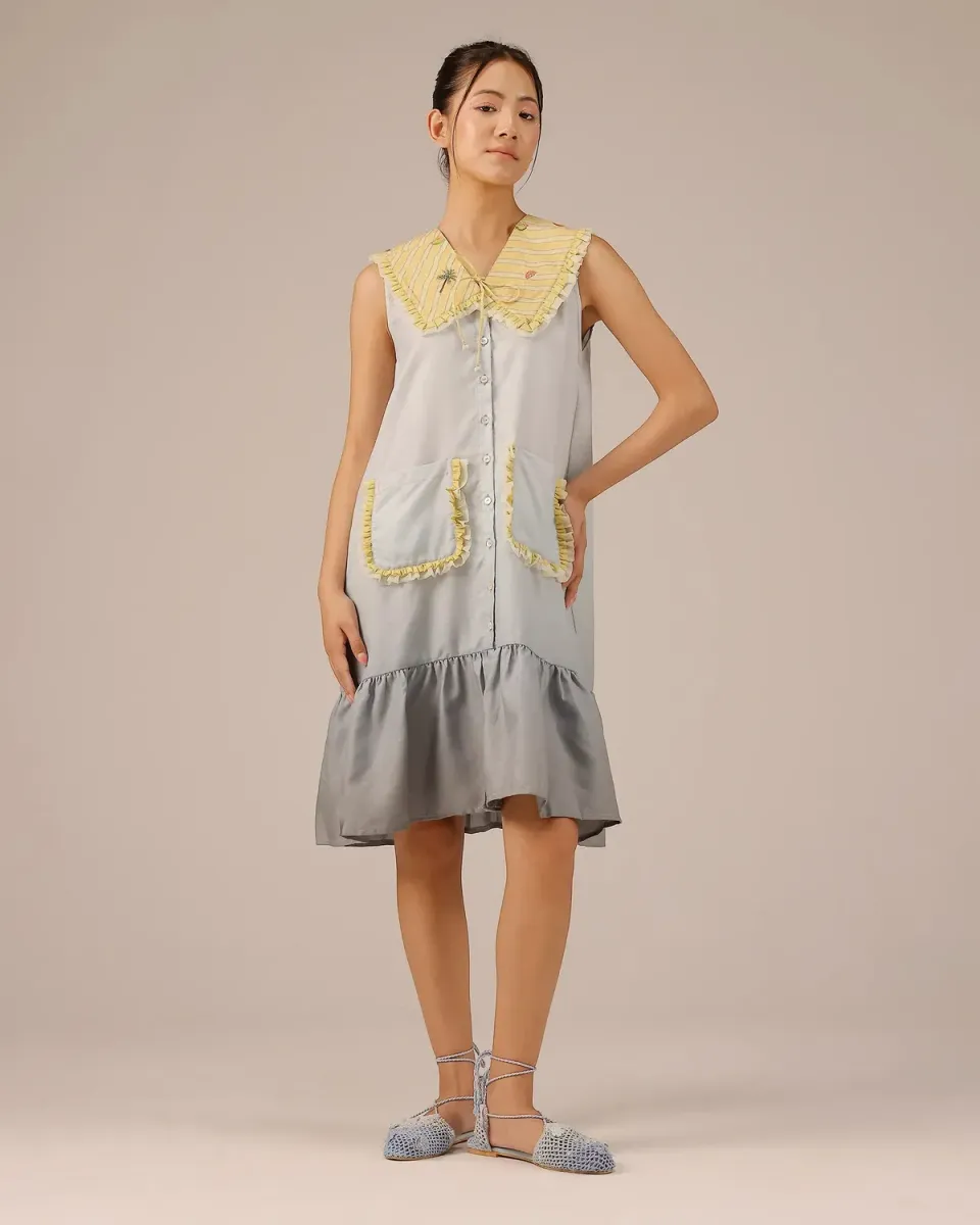Our Dve Coconut Crush vestito lino grigio smanicato
