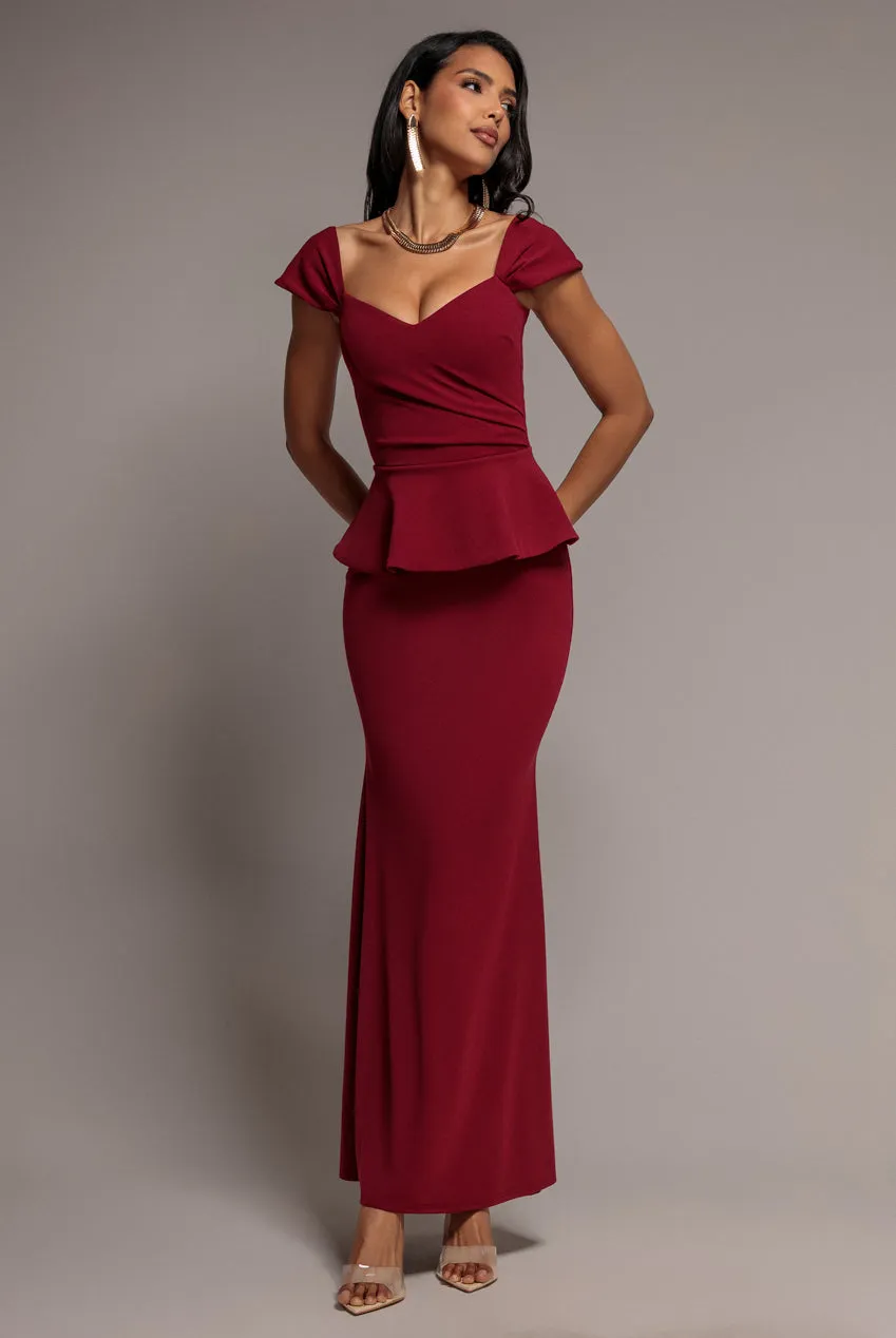 Goddiva Peplum Scuba abito maxi bordeaux scollo cuore sirena