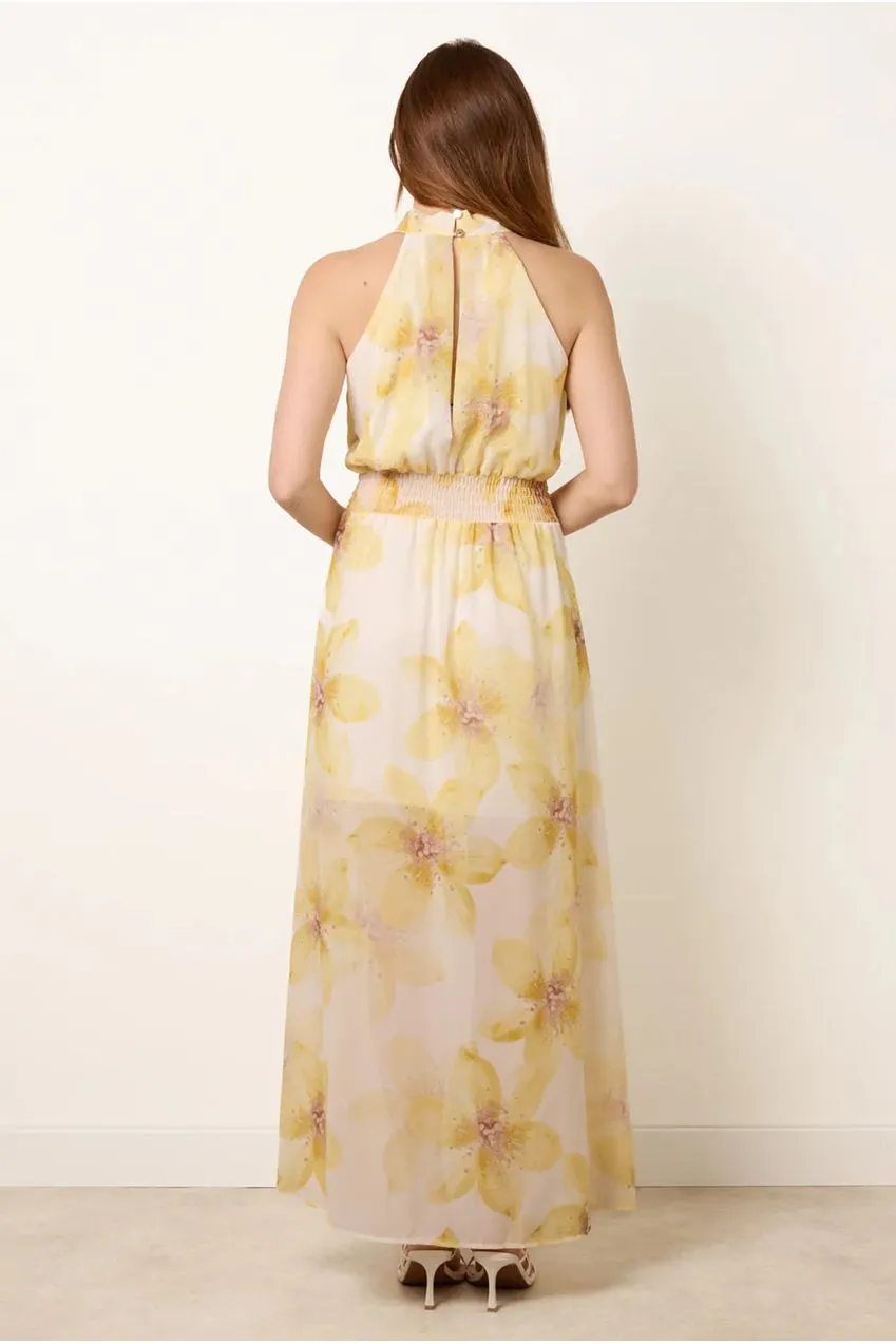 Blue Vanilla Floral Print abito halter lemon S floreale maxi