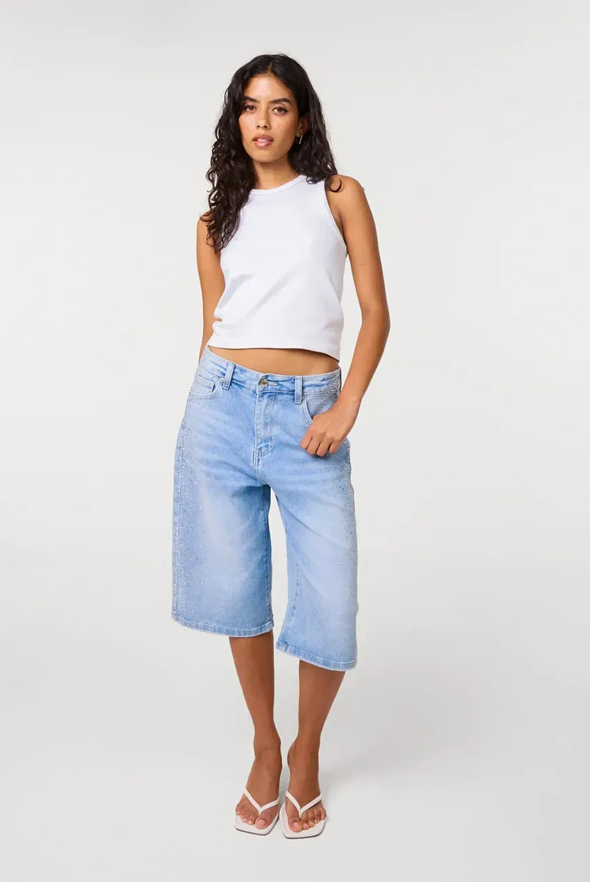 Pink Vanilla Diamante Side bermuda denim chiaro strass