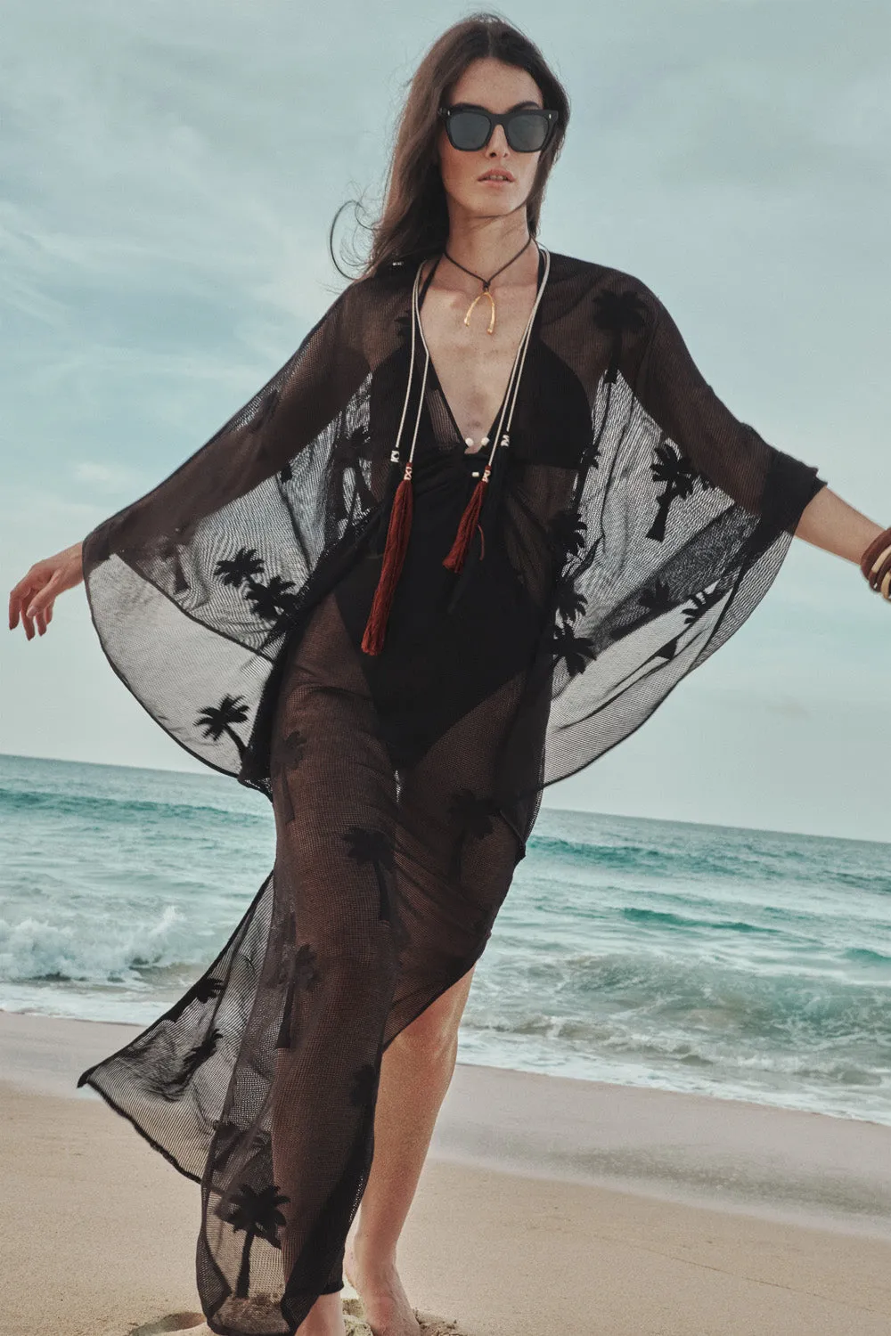 Johanna Ortiz Palm Veil tunica mare nero cotone traforato