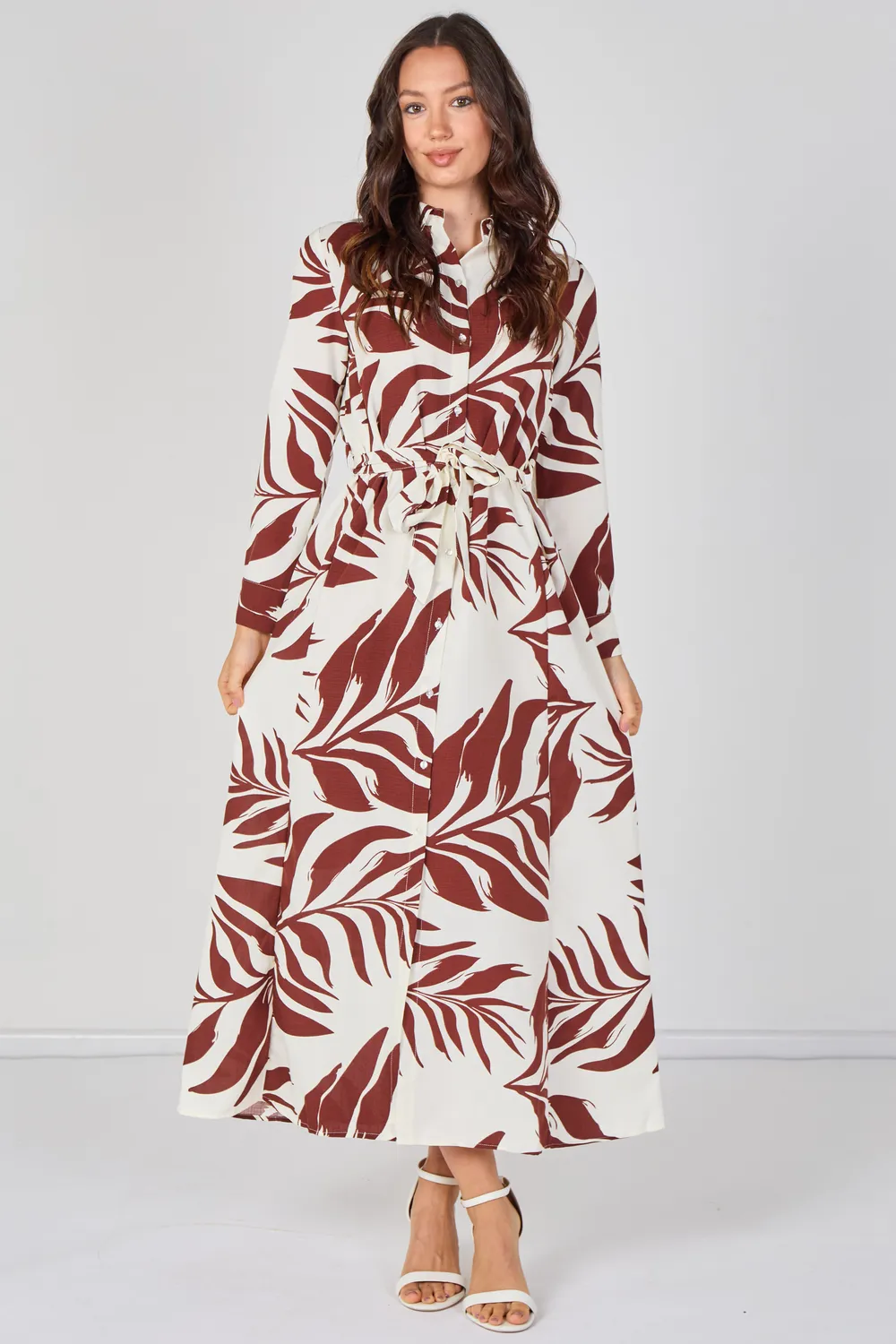 Love Sunshine Rust Palm Print abito camicia maxi vino cintura