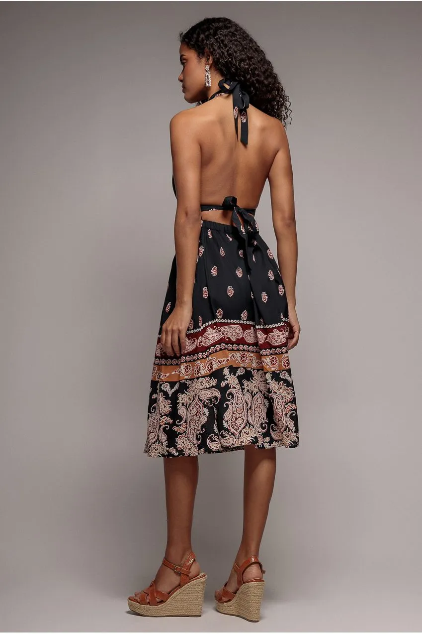 Goddiva Halter Neck Printed abito midi nero fantasia