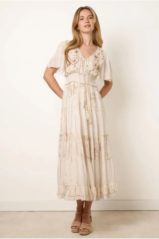 Blue Vanilla Embellished Midi Dress abito beige viscosa