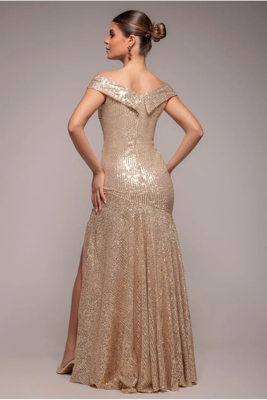 Goddiva Bardot Abito maxi oro paillettes spacco
