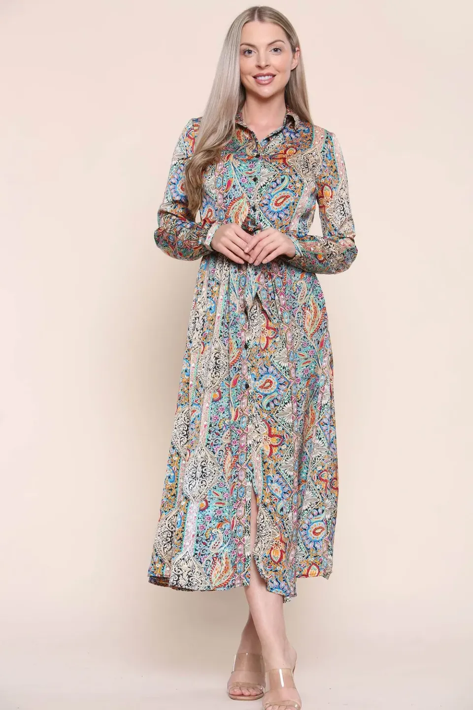 Love Sunshine Paisley abito maxi verde manica lunga fantasia