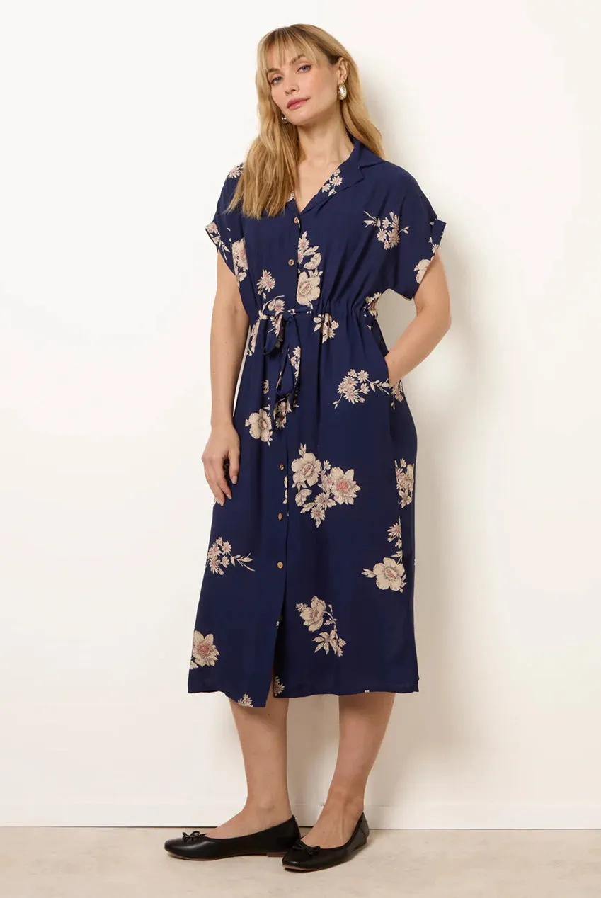 Blue Vanilla Drawstring abito camicia midi blu fiori