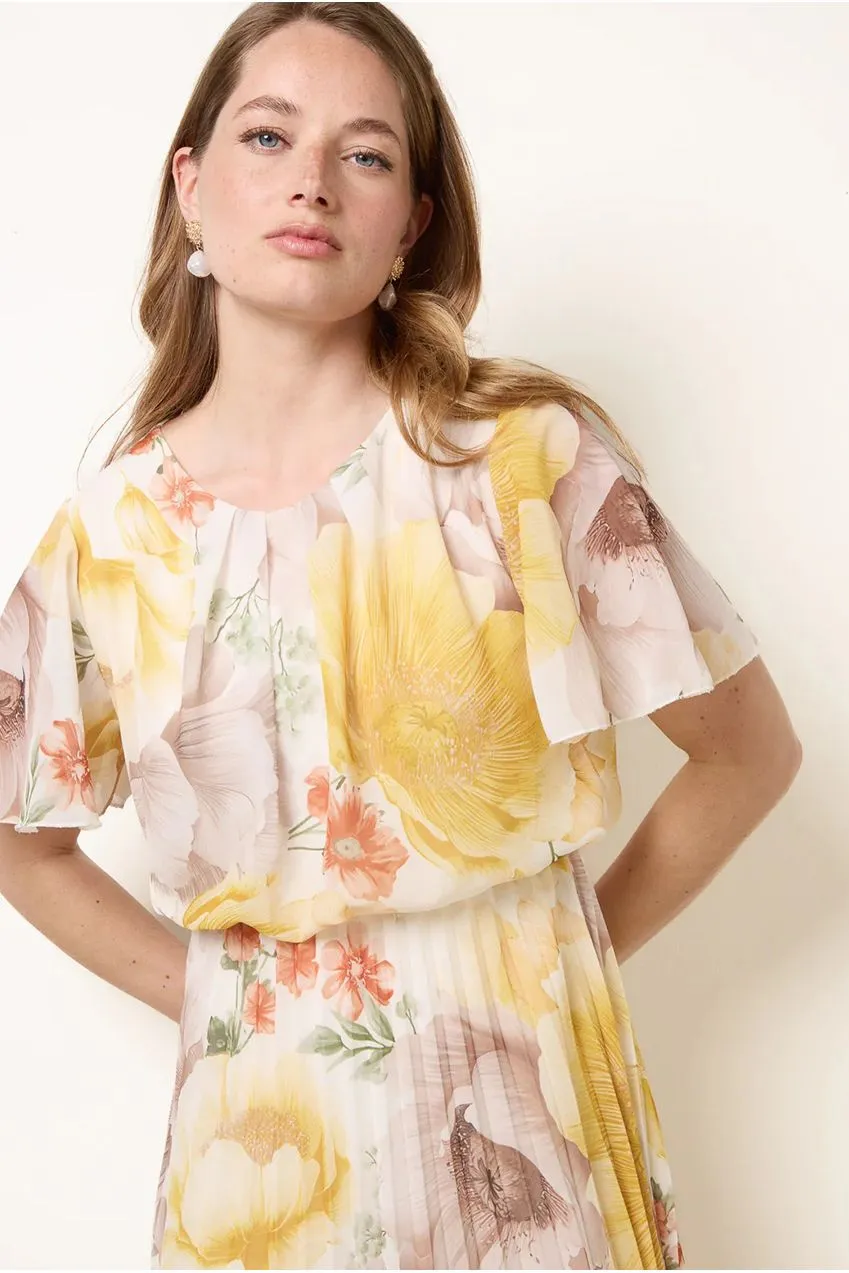 Blue Vanilla Floral abito midi limone manica corta plissettato