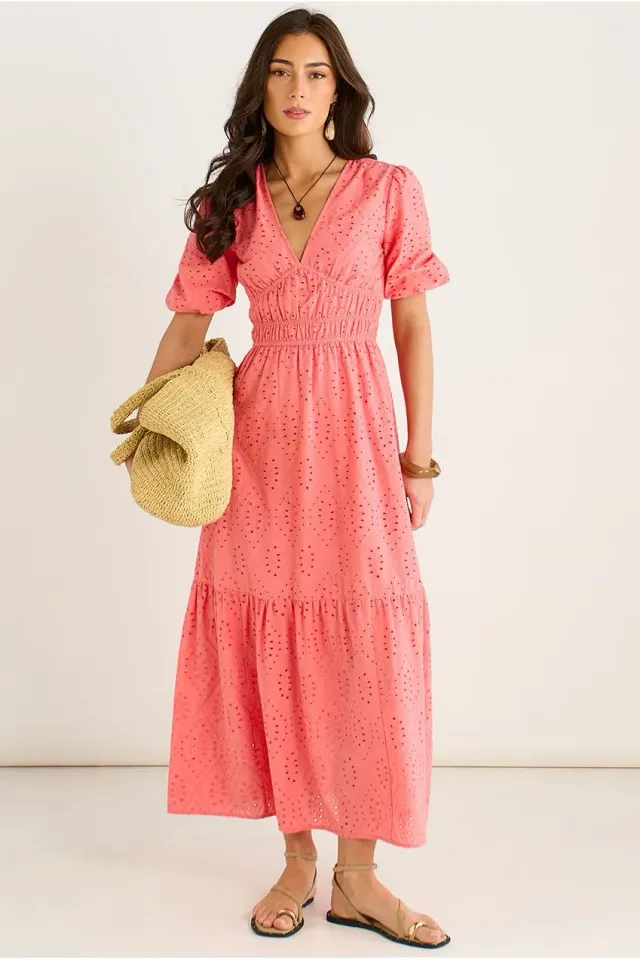 Gini London Coral Diamond Abito Midi Corallo Traforato