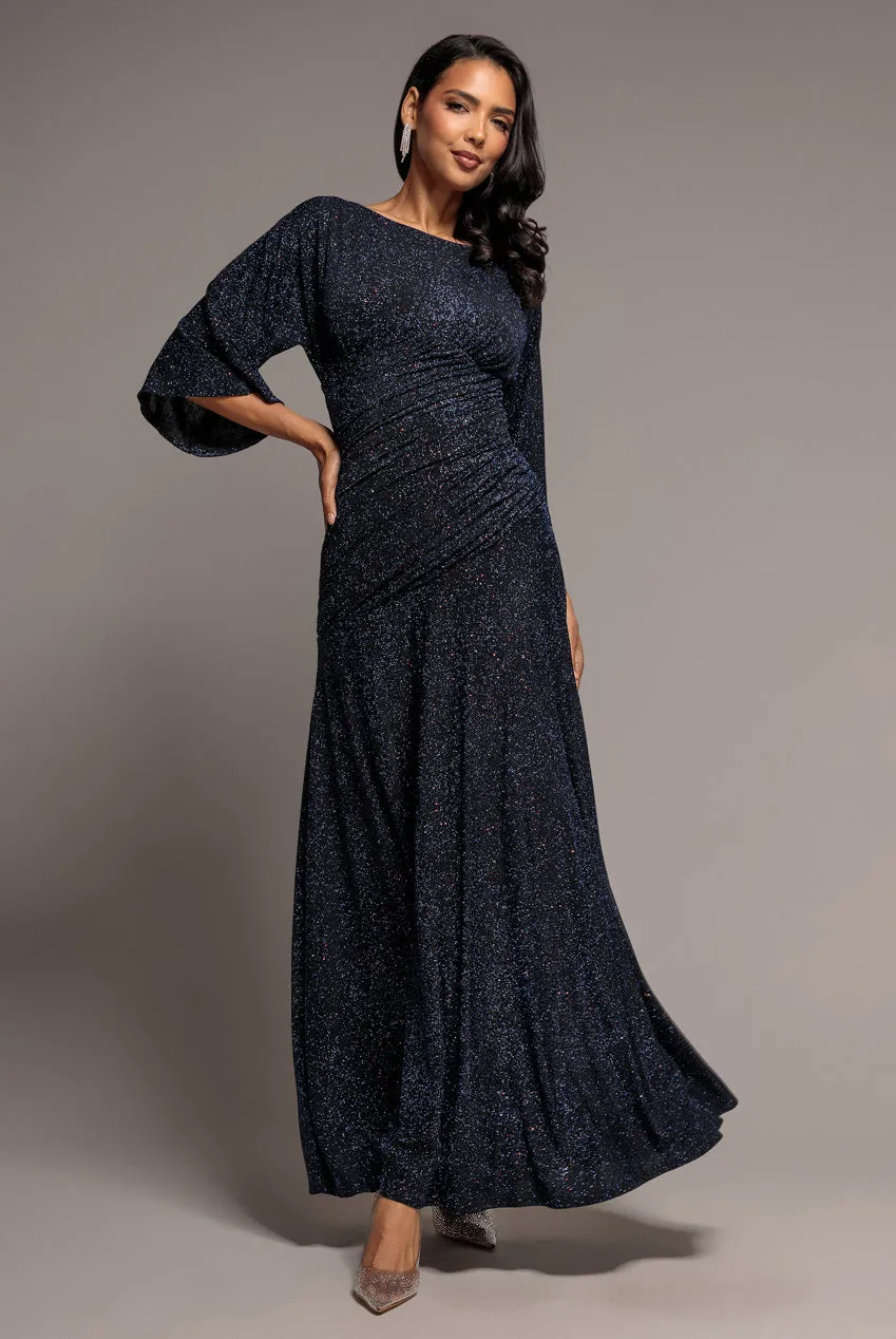 Goddiva Lurex Kimono abito maxi blu navy maniche kimono