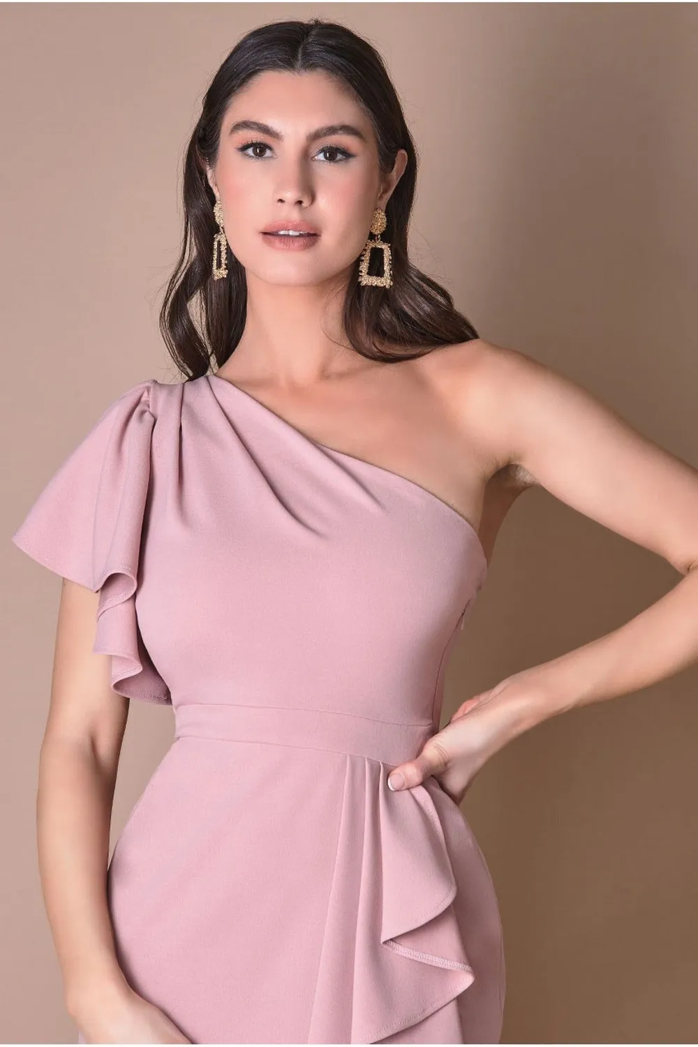 Goddiva Waterfall abito midi blush monospalla