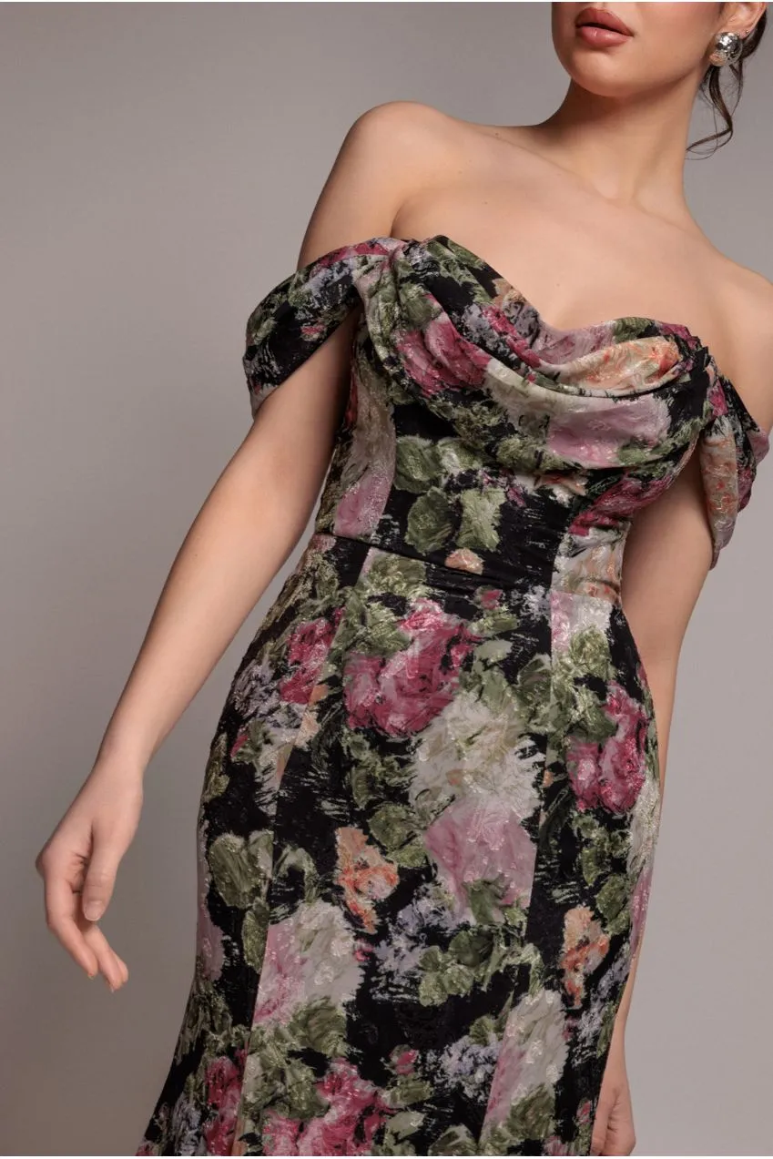 Goddiva Cowl Neck abito maxi jacquard floreale nero