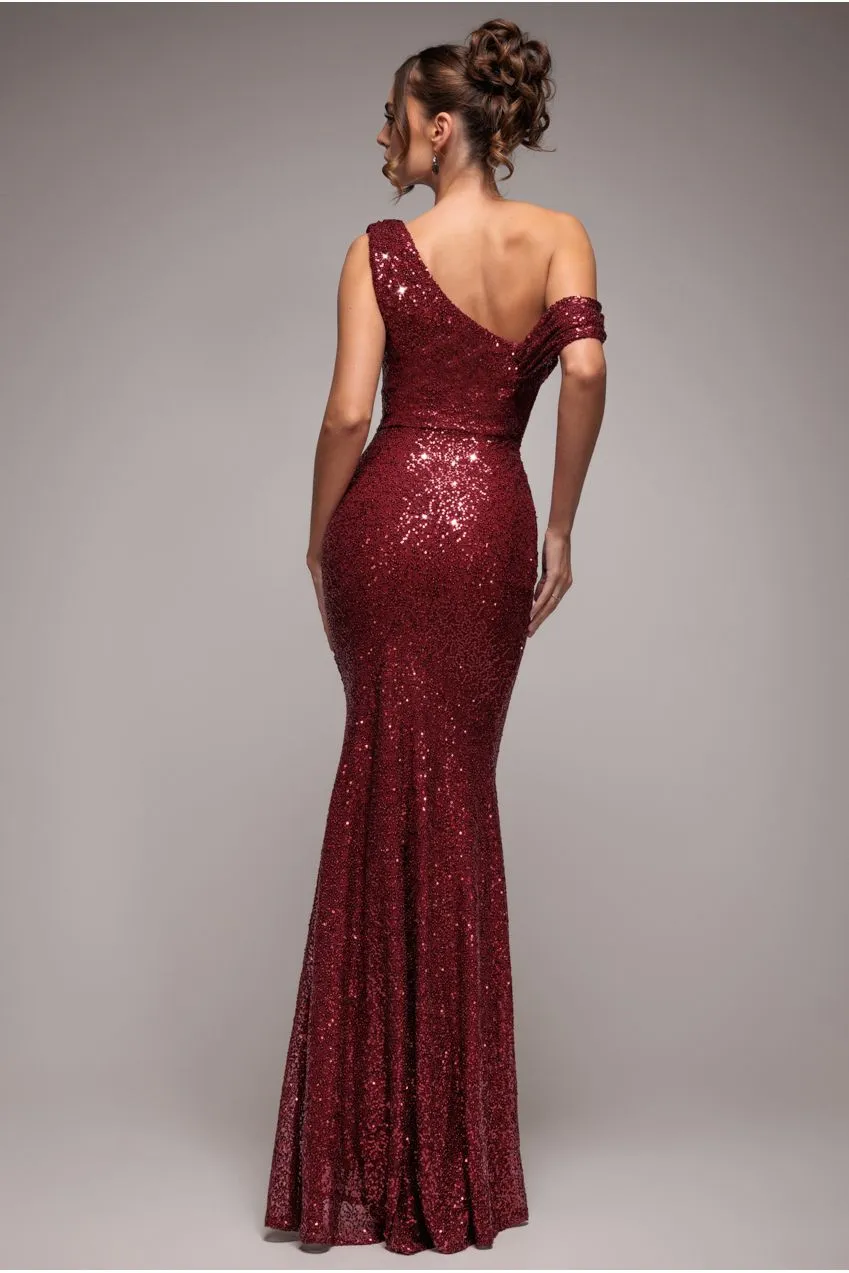 Goddiva Sequin Cowl One Shoulder abito maxi vino paillettes
