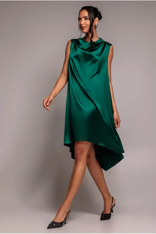 Goddiva abito midi verde smeraldo raso scollo drappeggiato