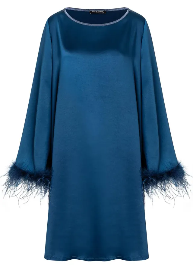 Ana Alcazar Siba abito cocktail raso blu piume