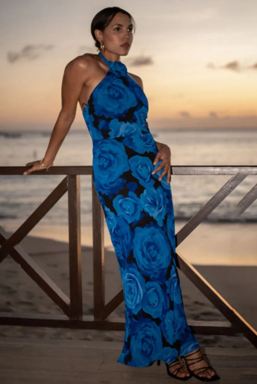 Gini London Abito Maxi Halter Floreale Blu