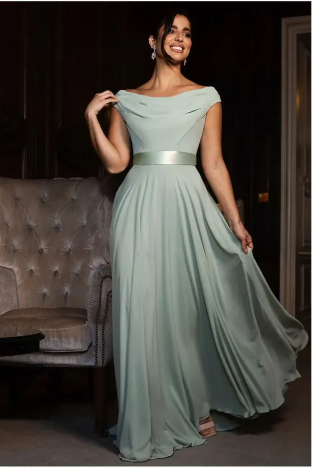 Goddiva Abito Maxi Chiffon Verde Salvia Scollo Arricciato Damigella