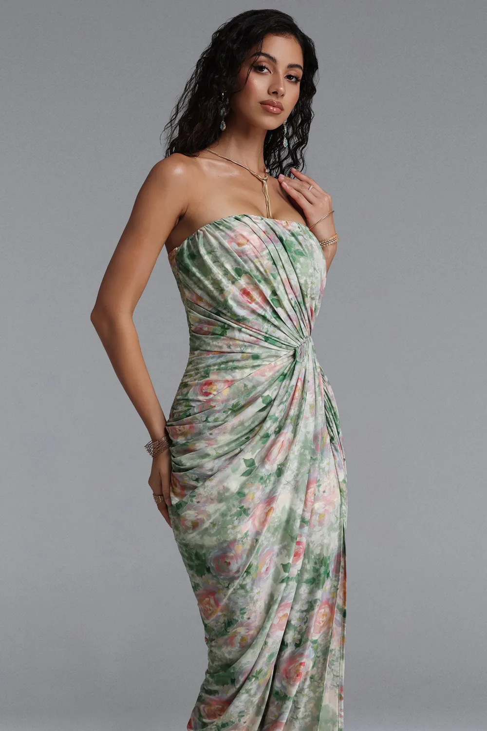 Bella Barnett Abito Maxi Floreale Strapless Mesh con Spacco