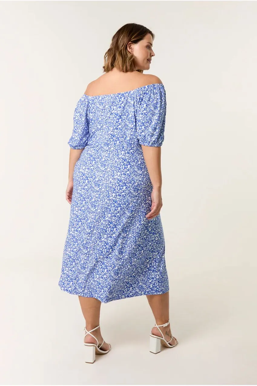 Blue Vanilla Curve Ditsy Abito Midi Blu con Scollo Bardot